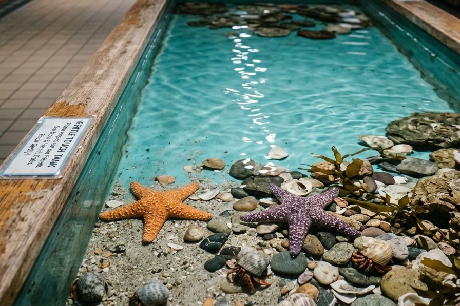 Sea stars and hermit crabs among shells and pebbles in a shallow touch tank