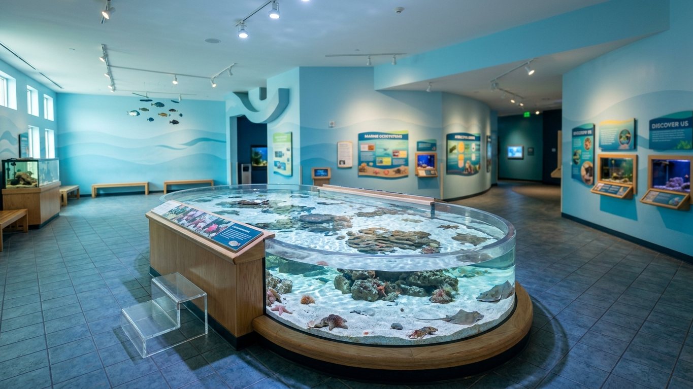 A round touch-tank exhibit in a bright blue room with educational wall displays