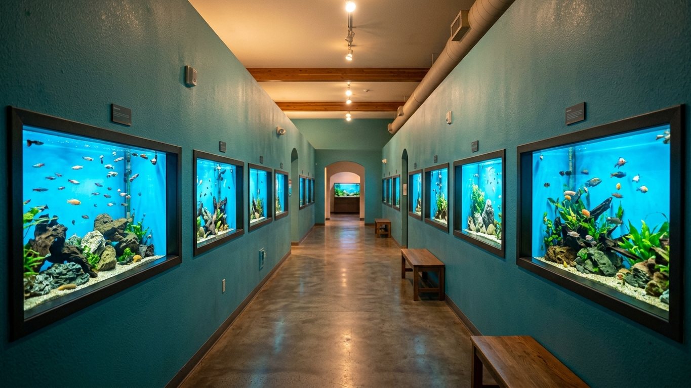 A hallway lined with lit freshwater aquarium tanks and wooden benches